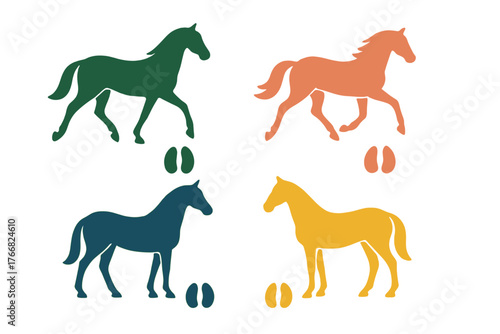 Colorful silhouettes of horses in various poses with matching hoof prints