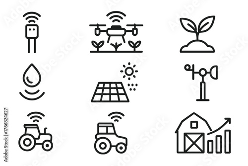 Smart agriculture outline icons set featuring IoT sensors, autonomous vehicles, and crop monitoring