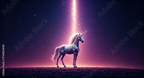 Majestic unicorn bathed in a beam of light from the starry night sky