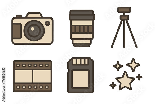 Essential photography and videography equipment icons camera lens tripod film memory card