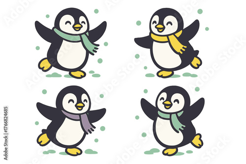 Adorable cartoon penguins wearing colorful scarves playing happily in the snow