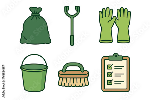 Collection of essential household cleaning, waste disposal, and environmental cleanup equipment icons and symbols