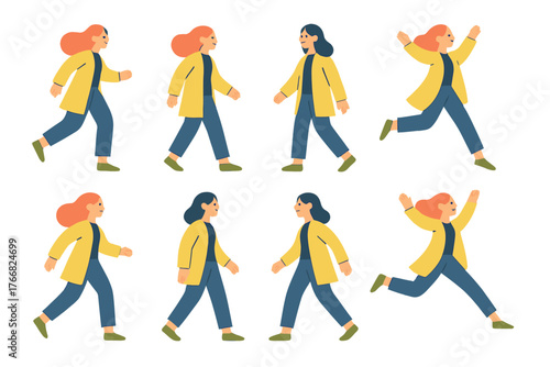 Female characters demonstrating walking, jogging, and running motion sequence