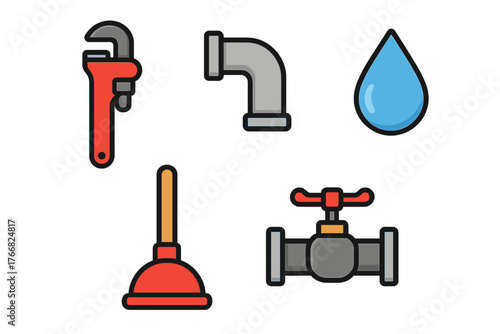 Plumbing repair tools, pipe fittings, and water droplet symbols for maintenance work