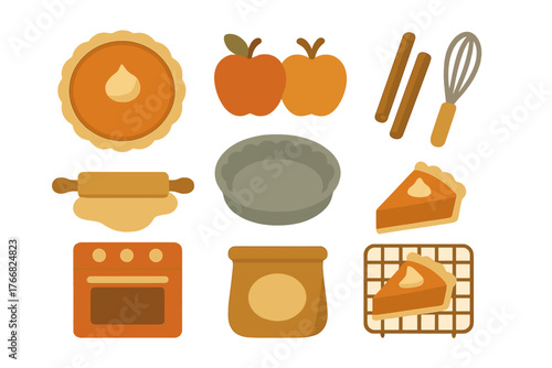 Baking ingredients and tools set including pie, apple, cinnamon, rolling pin, whisk, and oven