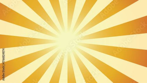 Bright orange and yellow sunburst background with radiant rays spreading from the center. Ideal for retro posters, summer designs, comic-style artwork, or energetic abstract graphic templates.