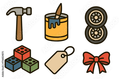 Set of construction, retail, and household objects: hammer, paint, tires, blocks, tag, and bow