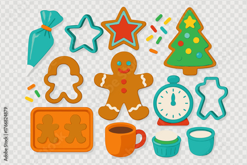 Christmas baking elements collection featuring gingerbread man, cookie cutters, and holiday treats