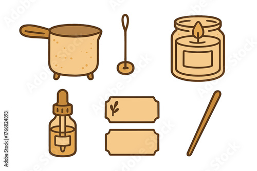 Cozy set of homemade candle making tools and materials including wax melting pot and essential oil dropper bottle