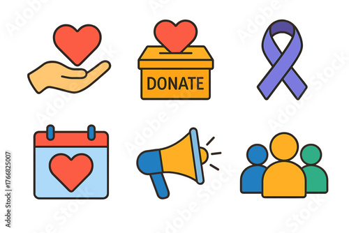 Charity and Donation symbols featuring heart, ribbon, megaphone, calendar, and community group