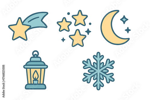 Winter night symbols featuring celestial objects and cozy light sources