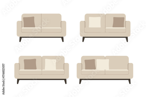 Set of four comfortable two-seater couches with beige fabric and contrasting pillows