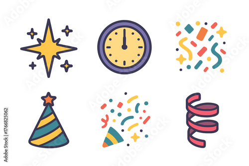 Colorful celebration icons set featuring a countdown clock, sparkling star, confetti, and party hat