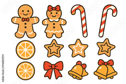 Traditional Christmas and winter holiday symbols: gingerbread, candy canes, and bells