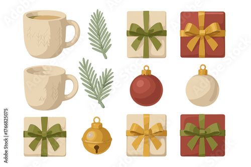 Cozy winter holiday set with gift boxes, knitted mugs, festive Christmas ornaments, and evergreen pine branches