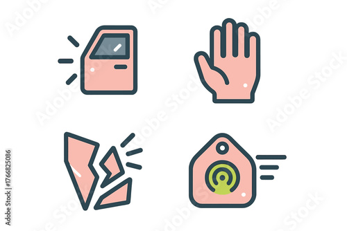 Set of security and damage symbols including car alarm, stop gesture, broken glass, and sensor tag