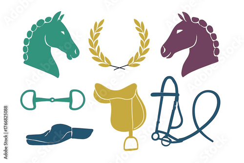 Equestrian sport gear collection featuring horse heads saddle and bridle