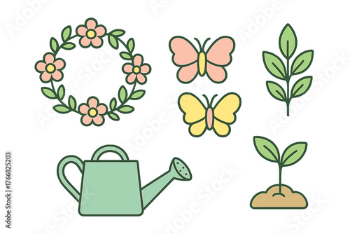 Watering can, butterflies, flower wreath, and growing sprout elements for spring gardening design