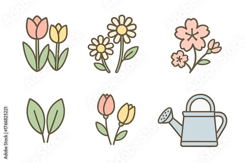 Cute spring flowers, leaves, and gardening watering can icons set in pastel colors