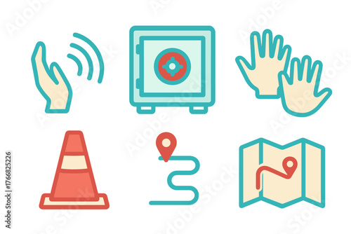 Colorful collection of security, safety, and navigation symbols including map and traffic cone
