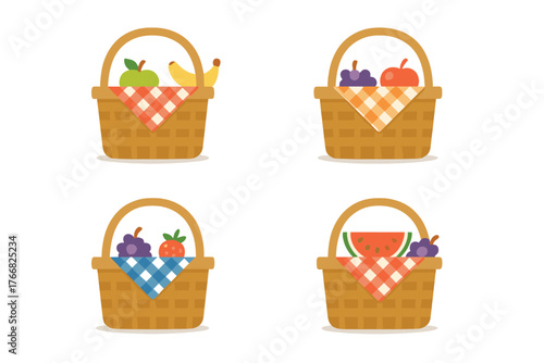 Four wicker picnic baskets filled with fresh summer fruits and checkered tablecloths