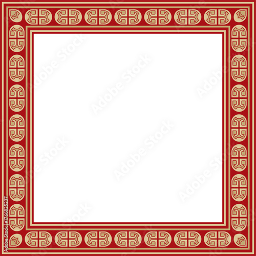 Vector square European gold with red ornament. Rectangular pattern, circle, ring of the Middle Ages. Revival border. Decorations of palaces and churches.