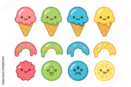 Adorable smiling cartoon food icons set featuring ice cream cones, glazed donuts, and fruit candy