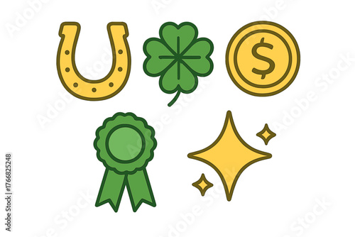 Golden horseshoe four leaf clover dollar coin and award ribbon good luck symbols