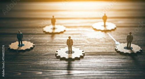Miniature figures stand on gears, symbolizing teamwork & interconnectedness on wood
