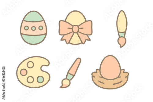 Decorative Easter eggs, painting tools, and nest icons in soft pastel colors