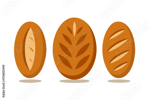 Set of three stylized loaves of baked bread featuring different scoring patterns and designs