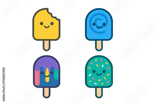 Four colorful cartoon popsicles with happy faces and various flavors on wooden sticks