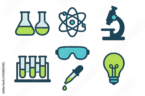 Essential laboratory equipment and scientific concepts symbols including beakers, microscope, and atom