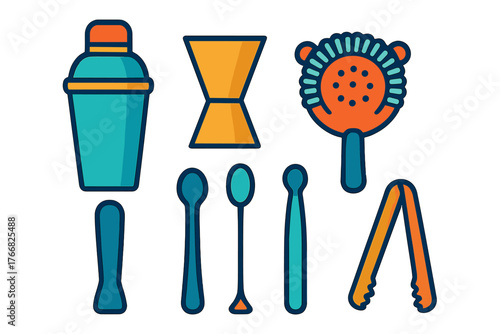 Collection of professional bar accessories for mixing drinks like a shaker jigger and strainer