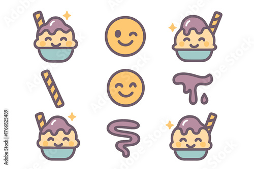 Cute dessert icons collection featuring happy ice cream sundaes, winking emoji, and sweet toppings