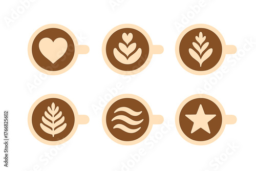 Set of six coffee cups viewed from above displaying various latte art designs