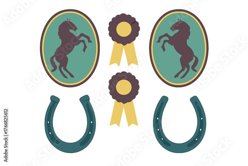 Set of equestrian sport symbols featuring rearing horse emblems, award rosettes, and lucky horseshoes