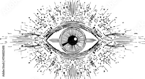 Dynamic digital eye symbol representing futuristic vision, data analysis, and advanced technology insights for modern concepts