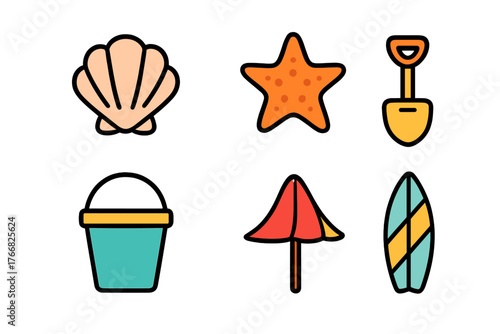 Summer beach vacation icons set featuring surfboard, umbrella, sand bucket, seashell, and starfish
