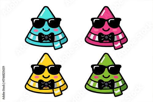Four colorful cone-shaped cartoon characters wearing sunglasses and scarves