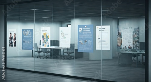 Modern office space with glass walls, posters, and desks. Interior design reflects a workspace