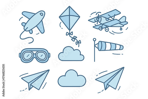 Aviation and flight elements including biplane, kite, windsock, pilot goggles, and paper airplanes