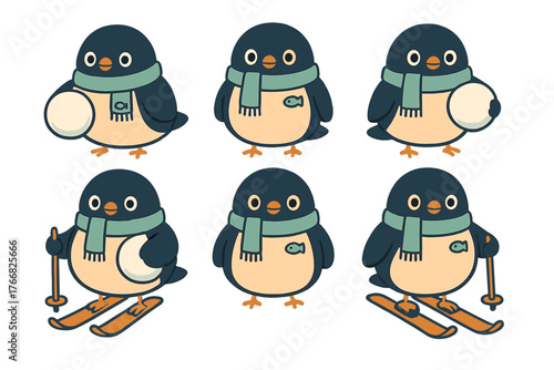 Six adorable cartoon penguins wearing scarves doing winter activities