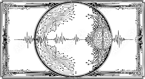 Dynamic digital brain fusion with intricate circuitry and waveform, symbolizing technological advancement and cognitive evolution in a modern artistic frame.