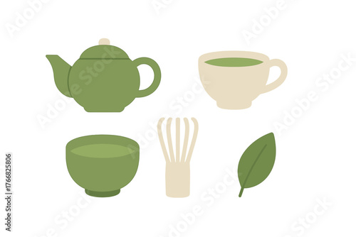 Collection of traditional Japanese matcha green tea accessories: teapot, cup, bowl, whisk, and fresh leaf