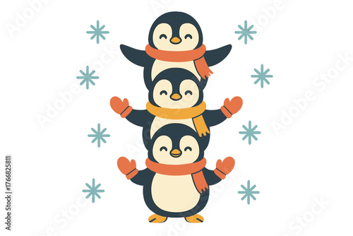 Three adorable cartoon penguins stacked vertically wearing colorful winter scarves and mittens surrounded by falling snowflakes