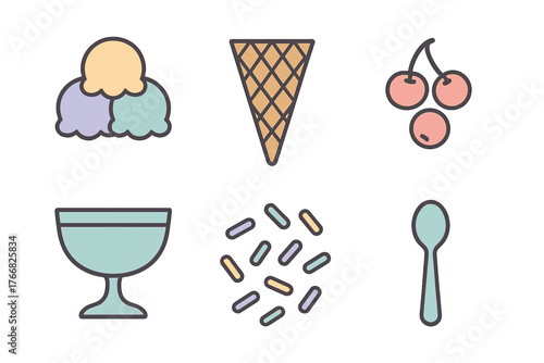 Set of colorful ice cream dessert elements: scoops, cone, cherries, and sprinkles