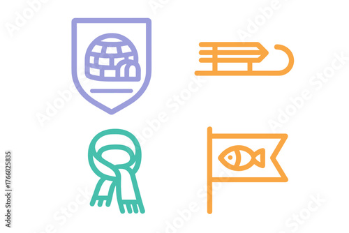 Arctic and Winter symbols featuring igloo, wooden sled, warm scarf, and fishing flag