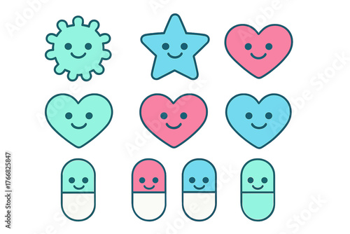 Cute smiling icons set with hearts, star, germ, and medical capsules in pastel colors