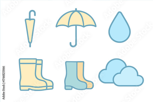 Weather and rain protection elements including umbrellas, rubber boots, clouds, and a single raindrop